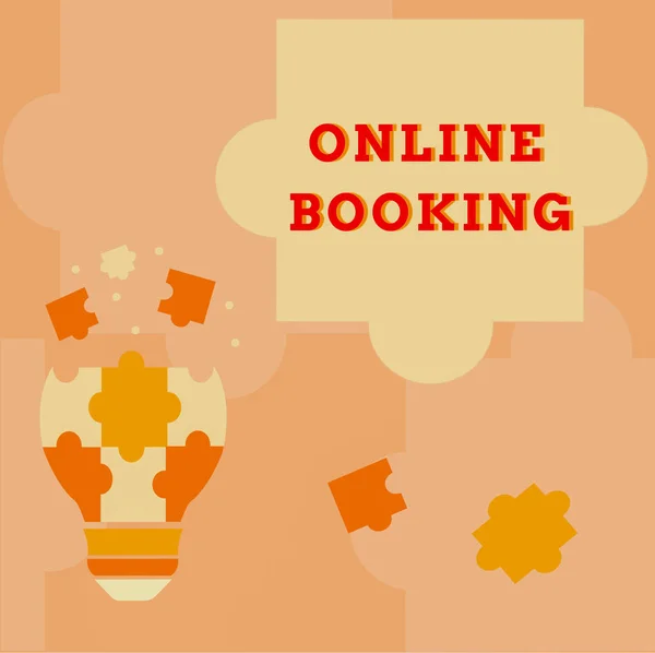 Text caption presenting Online Booking. Word for Reservation through internet Hotel accommodation Plane ticket Abstract Brainstorming Problem And Solution, Careful Thinking Concept — 图库照片