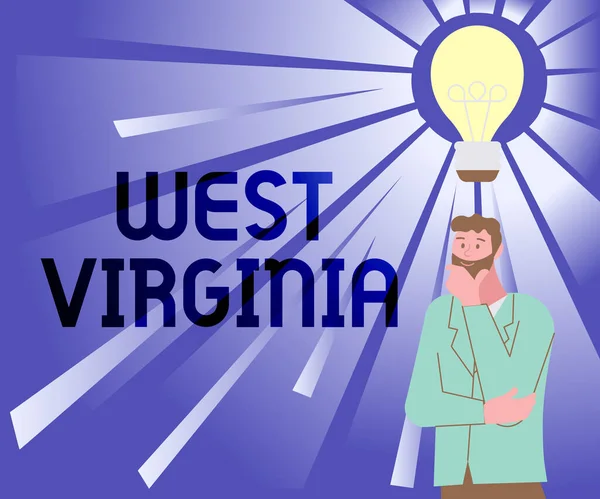 Teken met West Virginia. Business showcase Verenigde Staten van Amerika State Travel Tourism Trip Historische illustratie van een man staande komen met nieuwe geweldige ideeën. — Stockfoto