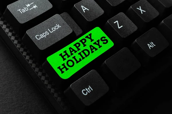 Signo de texto mostrando Felices Fiestas. Word Written on Hecho un corto viaje por un grupo de mostrar por placer Resumen Creación de servicios de mecanografía en línea, aprendizaje de códigos de programas de ordenador — Foto de Stock