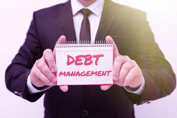 Handschriftlicher Text Debt Management. Unternehmensübersicht Die formelle Vereinbarung zwischen Schuldner und Gläubiger zur Vorstellung neuer Pläne und Ideen zur Demonstration des Planungsprozesses — Stockfoto