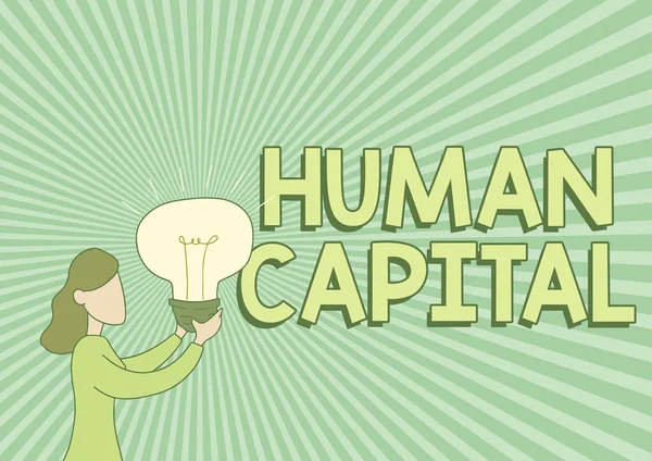Inspiration showing sign Human Capital. Business approach Intangible Collective Resources Competence Capital Education Lady Standing Drawing Holding Light Up Showing New Ideas. — Stockfoto