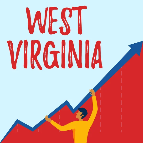 Schrijven met tekst uit West Virginia. Business idee Verenigde Staten van Amerika State Travel Tourism Trip Historical Man Drawing Holding Graph Arrow Toont Business Growth. — Stockfoto