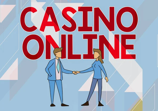 Inspiración mostrando signo Casino Online. Concepto de Internet Juego de Póquer de Computadora Gamble Royal Bet Lotto High Stakes Hombre y mujer de pie mirando uno hacia el otro sosteniendo las manos. — Foto de Stock