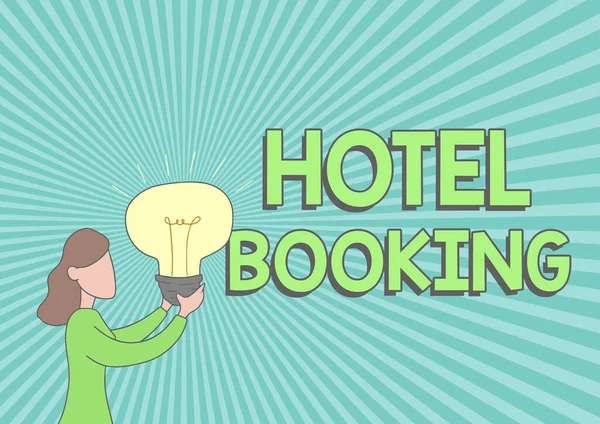 Texte manuscrit Hotel Booking. Aperçu des affaires Réservations en ligne Suite présidentielle De Luxe Accueil Lady Standing Drawing Holding Light Up Affichage de nouvelles idées. — Photo