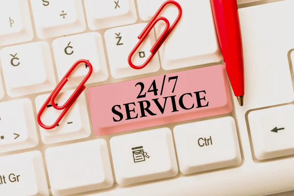 Conceptual caption 24 Or 7 Service. Business concept Always available to serve Runs constantly without disruption Typing Firewall Program Codes, Typewriting Rules And Regulations Book — Fotografia de Stock