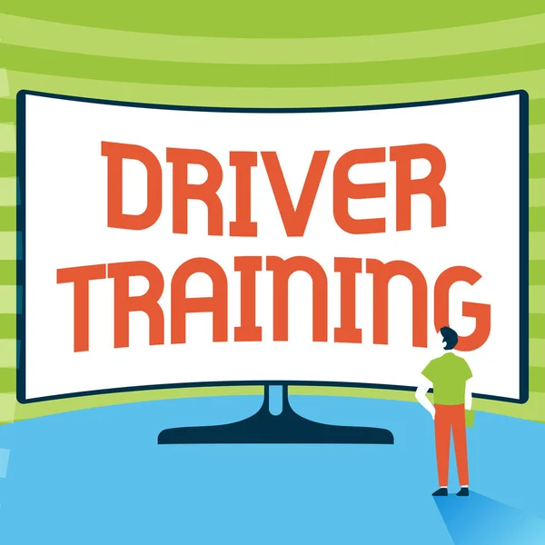 Conceptual display Driver Training. Word Written on prepares a new driver to obtain a driver s is license Man Standing Illustration Standing Infront Of Huge Display Screen. — Fotografia de Stock