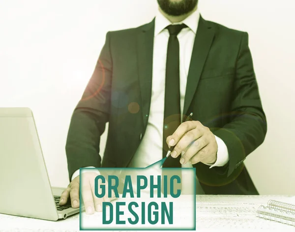 Schreiben von Text Graphic Design. Konzept bedeutet Kunst oder Geschick bei der Kombination von Text und Bildern in der Werbung. — Stockfoto