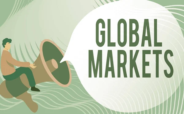 글로벌 마켓 (Global Markets) 은 다음을 가리킨다. 전 세계 모든 나라에서 상품 과 용역을 거래하는 사업 컨셉의 드로잉 빅 메가폰 이 연설 버블을 선보이는 모습. — 스톡 사진