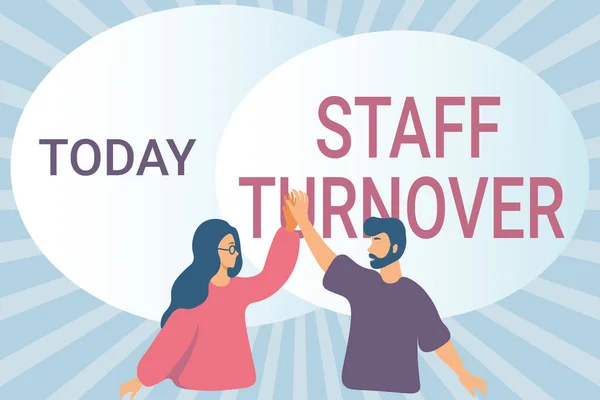 Inspiration showing sign Staff Turnover. Business overview The percentage of workers that replaced by new employees Happy Colleagues Illustration Giving High Fives To Each Other. — Fotografia de Stock