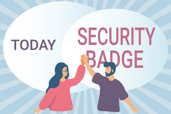 Writing displaying text Security Badge. Concept meaning Credential used to gain accessed on the controlled area Happy Colleagues Illustration Giving High Fives To Each Other.