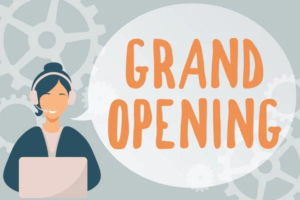 Kézírás szöveg Grand Opening. Fogalmi fotó Szalagvágás Új üzlet Első hivatalos nap Indítása Lady Call Center Illusztráció fejhallgatóval Beszédbuborék beszélgetés. — Stock Fotó