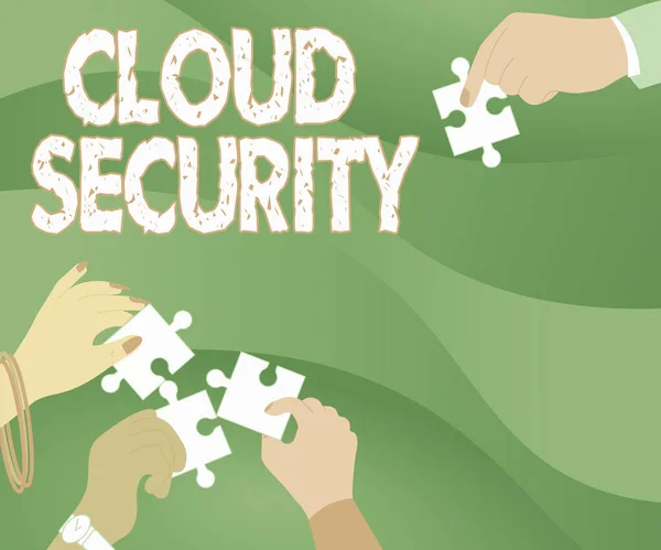 Hand writing sign Cloud Security. Business showcase Protect the stored information safe Controlled technology Illustration Of Hands Holding Jigsaw Puzzle Pieces Helping Each Others. — 图库照片