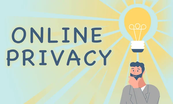 Tekstbord met online privacy. Concept betekent Beveiligingsniveau van persoonlijke gegevens gepubliceerd via het internet Illustratie van een man die met nieuwe geweldige ideeën komt. — Stockfoto