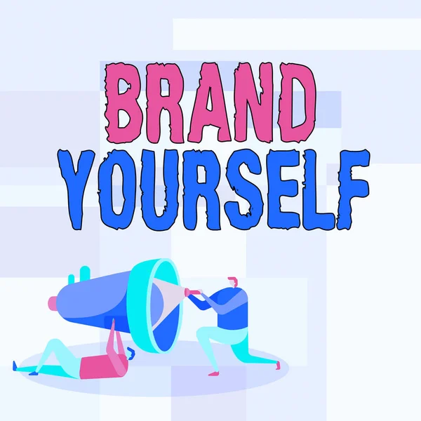 Texto que presenta Brand Yourself. escaparate de negocios Desarrollar una identidad profesional única Producto personal Trabajadores Dibujo Ayudándose unos a otros con linterna para fijar megáfono. — Foto de Stock