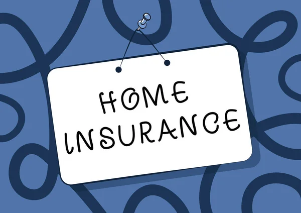 Firma de escritura a mano Home Insurance. Palabra escrita en las cubiertas pierde y daños y en los accidentes en la casa fijada colgando letrero de la puerta dibujo con espacio de escritura vacío. — Foto de Stock