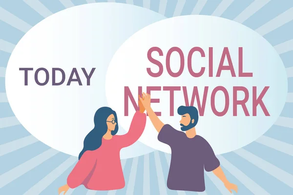 Conceptual display Social Network. Business approach Interactions Sharing Information Interpersonal relationship Happy Colleagues Illustration Giving High Fives To Each Other. — 图库照片