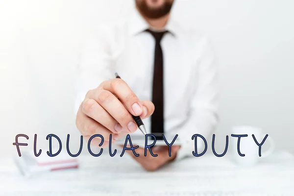 Text sign showing Fiduciary Duty. Conceptual photo A legal obligation to act in the best interest of other Presenting Communication Technology Smartphone Voice And Video Calling — Foto Stock