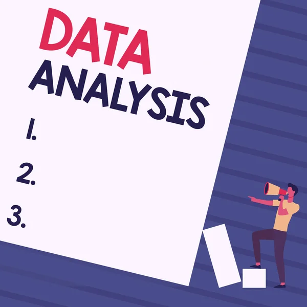 Conceptual caption Data Analysis. Conceptual photo Translate numbers to Analytical Conclusion Forecasting Man Standing Drawing Holding Megaphone Pointing Blank Wall. — Stockfoto