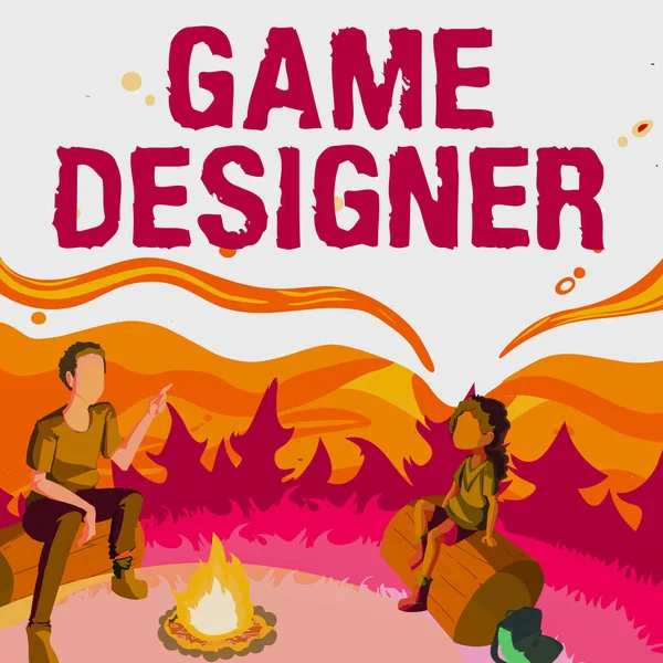 Texto título presentando Game Designer. Idea de negocio Campañero Pixel Scripting Programadores Consolas Gráficos 3D Padre e hija sentados junto a una fogata disfrutando acampar en el parque —  Fotos de Stock