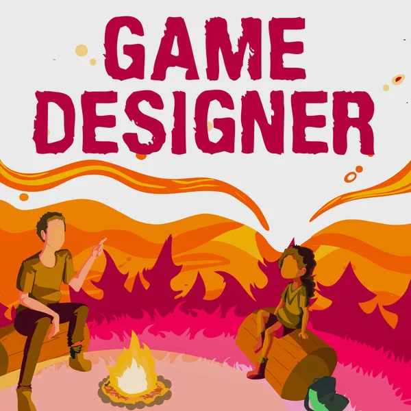 Legenda do texto apresentando Game Designer. Ideia de negócio Campaigner Pixel Scripting Programadores Consoles Gráficos 3D Pai e filha sentados ao lado da fogueira Acampar no parque — Fotografia de Stock