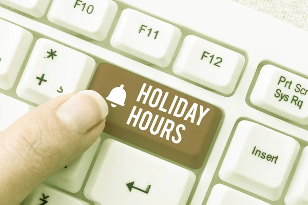 Hand writing sign Holiday Hours. Word Written on Schedule 24 or7 Half Day Today Last Minute Late Closing Typing Daily Reminder Notes, Creating Online Writing Presentation