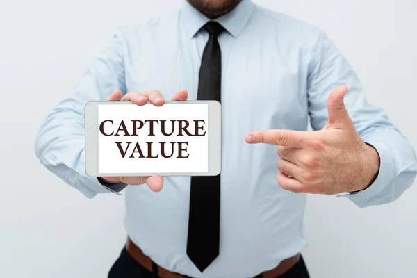 Inspiráció mutató jel Capture Value. Üzleti kirakat Ügyfélkapcsolat Kielégítő igények Márka Erő megtartása Bemutatása Új technológiai ötletek megvitatása Technológiai fejlesztés — Stock Fotó
