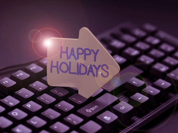 Text showing inspiration Happy Holidays. Internet Concept Made a short journey by a group of showing for pleasure Typewriting Movie Review Article, Typing Fresh Food Blog Article — стоковое фото