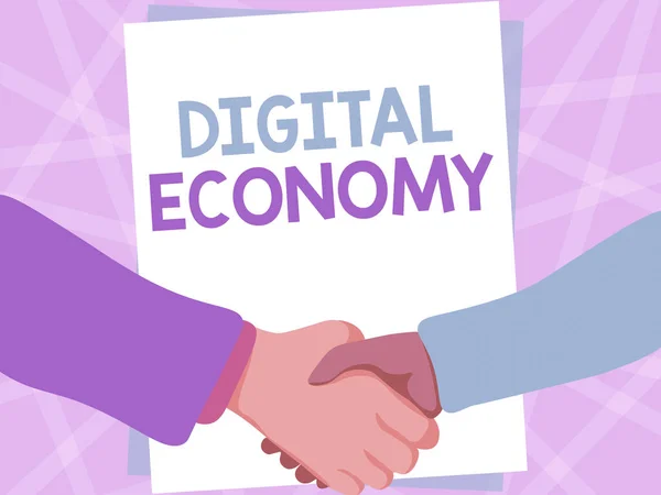 Handwriting text Digital Economy. Word for worldwide network of economic activities and technologies Two Men Drawing With Empty Paper Shake Hands Presenting Agreement. — Foto Stock