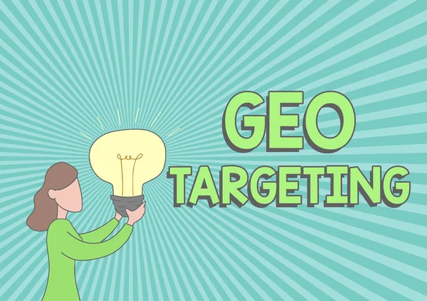 Geo Targeting ihletet mutat. Internet Concept Digitális hirdetések Megtekintések IP cím Adwords kampányok Elhelyezkedés Lady Standing Drawing Holding Light Up Új ötletek mutatása. — Stock Fotó
