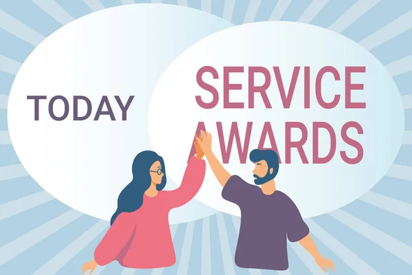 Conceptual display Service Awards. Concept meaning Recognizing an employee for his or her longevity or tenure Happy Colleagues Illustration Giving High Fives To Each Other. — Fotografia de Stock