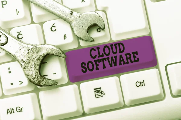 Hand writing sign Cloud Software. Business approach Programs used in Storing Accessing data over the internet Typing And Publishing Descriptions Online, Writing Informative Data — Foto Stock