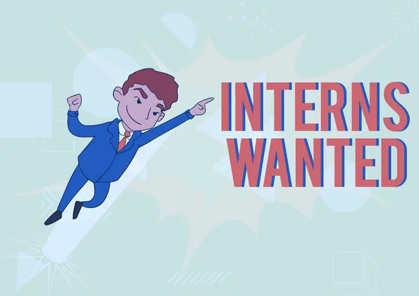 Handwriting text Interns Wanted. Concept meaning Looking for on the job trainee Part time Working student Man Drawing In Uniform Standing Pointing Upward Displaying Leadership. — Stockfoto