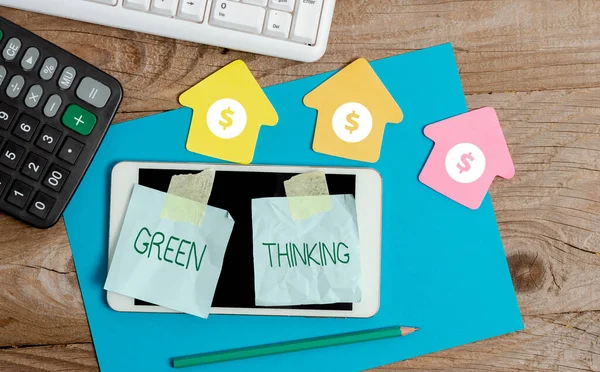 Writing displaying text Green Thinking. Business showcase Taking ction to make environmental responsibility a reality Display of Different Color Sticker Notes Arranged On flatlay Lay Background — Fotografia de Stock
