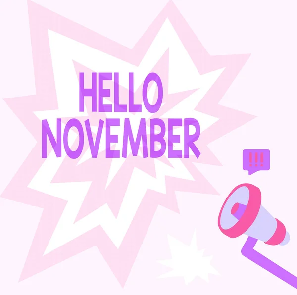 Conceptueel bijschrift Hallo november. Woord Geschreven op Welkom de elfde maand van het jaar Maand voor december Megafoon Tekenen Produceren Verlichting maken Aankondiging. — Stockfoto