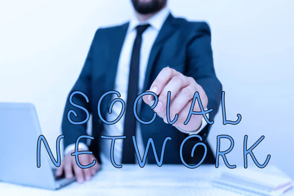 Text showing inspiration Social Network. Business approach Interactions Sharing Information Interpersonal relationship Remote Office Work Online Presenting Communication Technology — Foto Stock