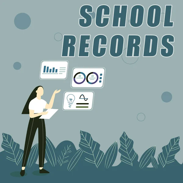 Handwriting text School Records. Business showcase Information that is kept about a child at school Biography Illustration Of Girl Sharing Ideas For Skill Discussing Work Strategies. — Foto Stock