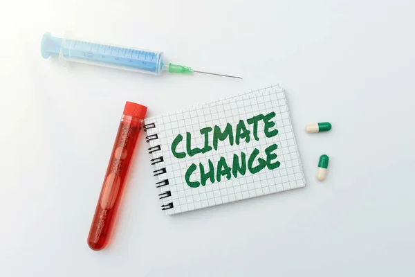 Handschrift Klimaatverandering. Woord voor Toename van de wereldwijde gemiddelde temperatuur Weersverandering Onderzoeksnotities voor Virus Preventie, Planning Medische Procedures — Stockfoto