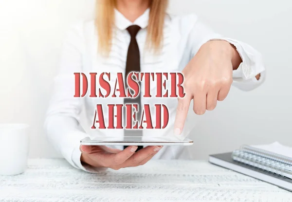 Hand writing sign Disaster Ahead. Business concept Contingency Planning Forecasting a disaster or incident Developer Discussing Gadget Upgrade, Presenting Technical Specs — Fotografia de Stock