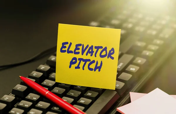 Text sign showing Elevator Pitch. Concept meaning A persuasive sales pitch Brief speech about the product Abstract Typing Lesson And Lecture Plans, Retyping Song Lyrics