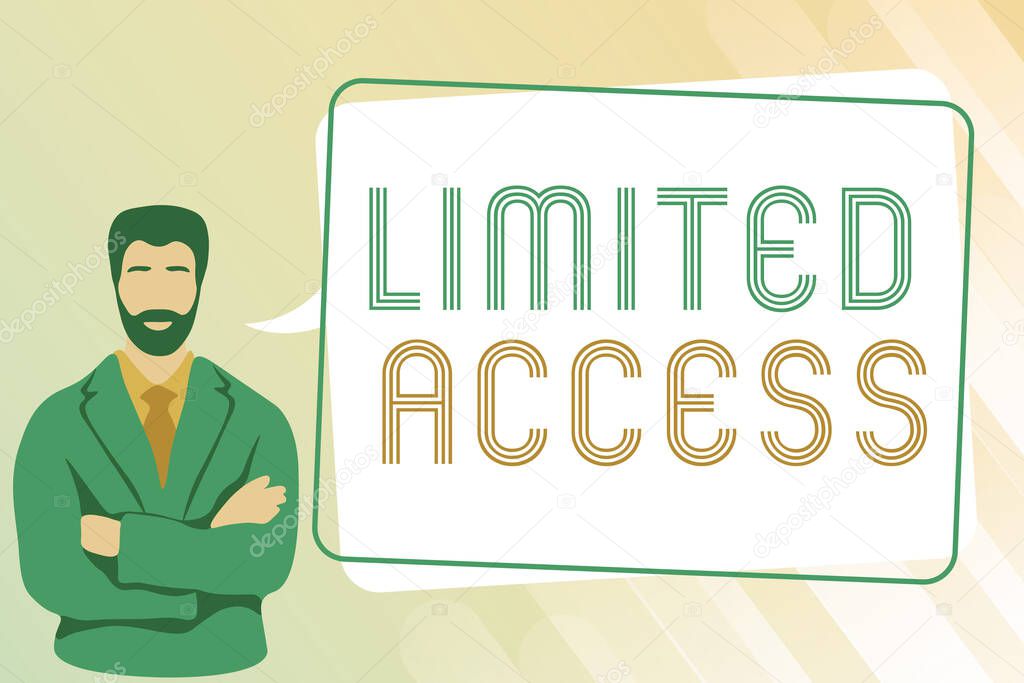 Text sign showing Limited Access. Business idea Having access restricted to a quite small number of points Man Crossing Hands Illustration Standing With Speech Bubble Message.