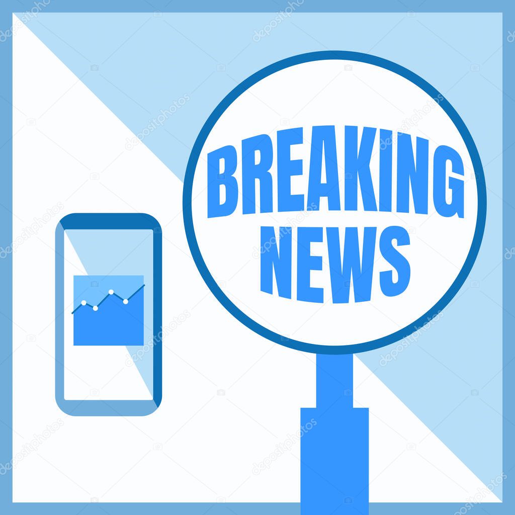 Hand writing sign Breaking News. Business overview Special Report Announcement Happening Current Issue Flashnews Illustration Of Active Smartphone Beside A Large Magnifying Glass.