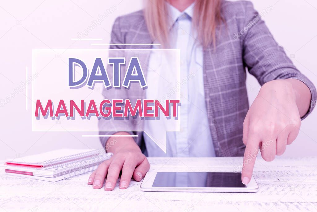 Writing displaying text Data Management. Word Written on The practice of organizing and maintaining data processes Presenting Business Plan And Designs, Smartphone Voice And Video Calling