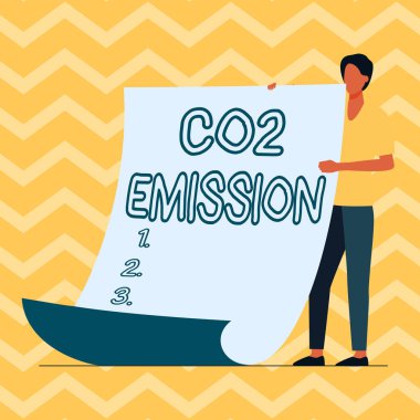 Metin Co2 Emisyonu gösteriliyor. Kavram, zaman içinde sera gazlarının atmosfere salınması anlamına gelir. Adam Büyük Boş Kağıt Tutarak Yeni Anlamı ve Mesajı Gösteriyor.