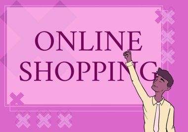 Çevrimiçi Alışveriş sunan metin başlığı. İşletme fikri ekomünikasyonu, tüketiciye internet üzerinden mutlu adam illüstrasyonunu kullanarak ürün satın alma olanağı sağladı. Başarı için el kaldırma.