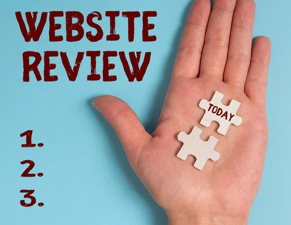 Text caption presenting Website Review. Business approach Reviews that can be posted about businesses and services Building An Unfinished White Jigsaw Pattern Puzzle With Missing Last Piece — Stock Photo, Image