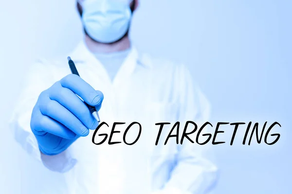Text sign showing Geo Targeting. Word Written on Digital Ads Views IP Address Adwords Campaigns Location Scientist Demonstrating New Technology, Doctor Giving Medical Advice — Stockfoto