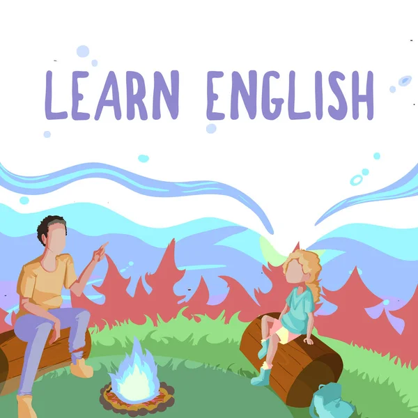 Text sign showing Learn English. Business concept Universal Language Easy Communication and Understand Father And Daughter Sitting Next To Campfire Enjoying Camping At The Park — Fotografia de Stock