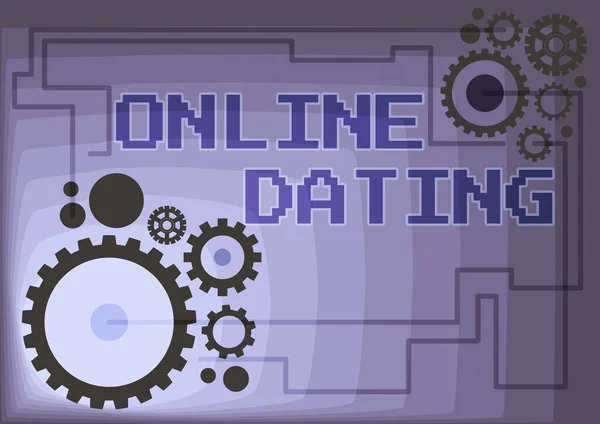 Conceptual display Online Dating. Concept meaning Searching Matching Relationships eDating Video Chatting Illustration Of Mechanic Gears Connected To Each Other Performing Work — Stock Photo, Image