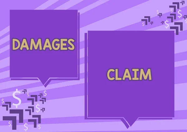 Inspiration showing sign Damages Claim. Business idea Demand Compensation Litigate Insurance File Suit Two Colorful Overlapping Speech Bubble Drawing With Dollar Sign. — Stockfoto