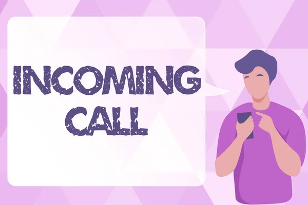 Text showing inspiration Incoming Call. Word Written on Inbound Received Caller ID Telephone Voicemail Vidcall Man Illustration Using Mobile And Displaying Speech Bubble Conversation. — Stock Photo, Image